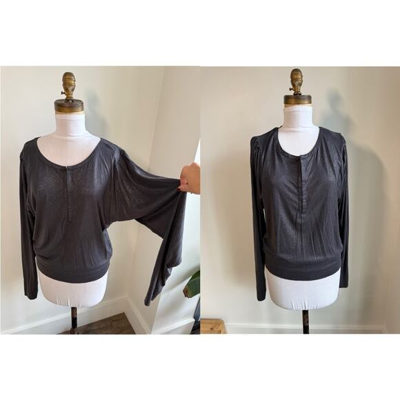 FREE PEOPLE SHIMMER BLACK FLOWY SLEEVE HENLEY LONF SLEEVE BOAT NECK SMALL - Picture 1 of 8